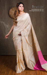 Color Dyed Soft Natural Tussar Silk Saree in Beige and Cyan