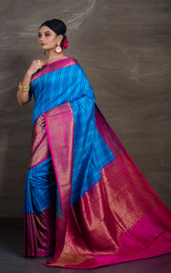 Pure Dupion Tussar Banarasi Saree in Blue and Rani - Bengal Looms India