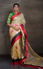 Alfi Work Tussar Banarasi Saree with Satin Border in Beige and Multicolored Thread Work - Bengal Looms India