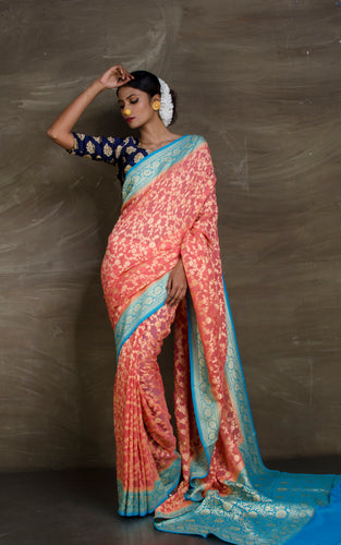 Pure Khaddi Georgette Banarasi Saree in Watermelon and Sky Blue from Bengal Looms India