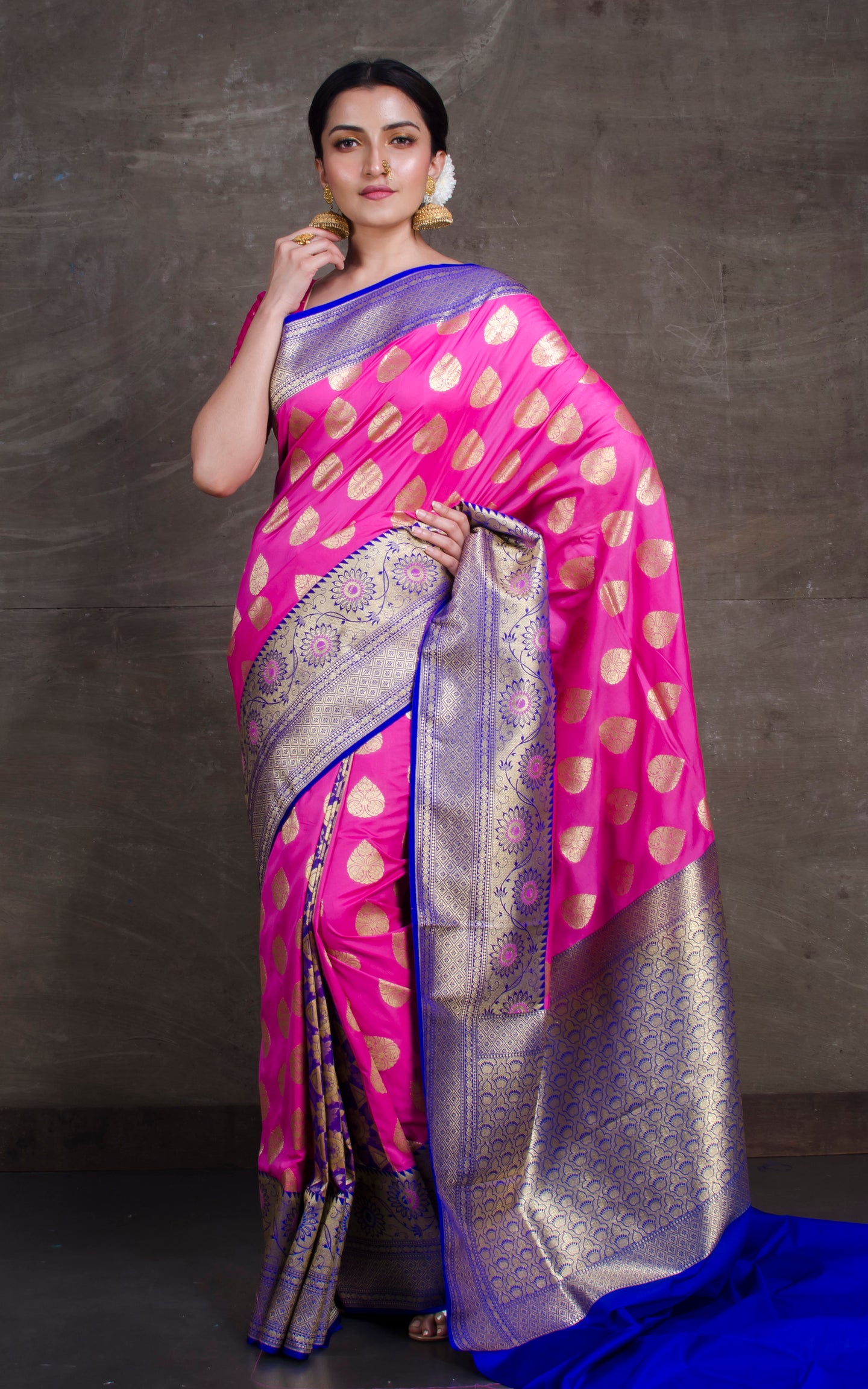 Patli Pallu Work Soft Designer Semi Katan Saree in Pink and Royal Blue