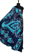Super Soft Mulmul Cotton Batik Printed Saree in Sea Green, Midnight Blue and Off White