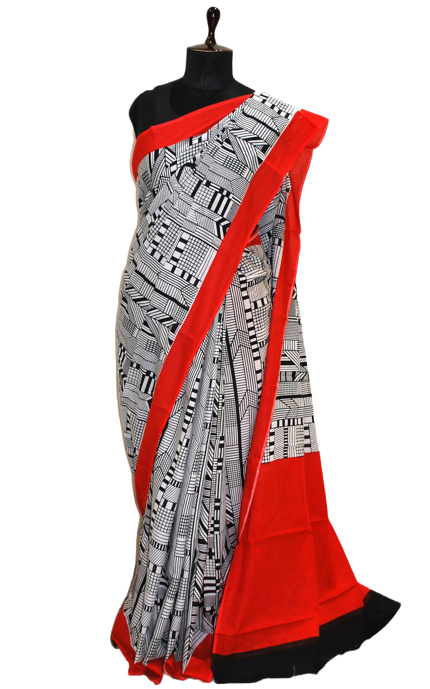 Mulmul Cotton Printed Saree in Off White, Black and Red
