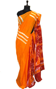 Super Soft Mulmul Cotton Batik Printed Saree in Yellow Orange, Off White and Red