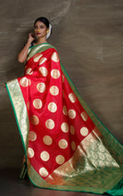 Traditional Semi Katan Patli Pallu Banarasi Saree in Red and Dark Green - Bengal Looms India