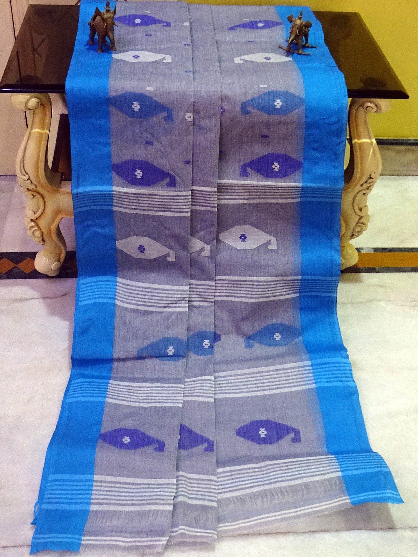 Hand Work Cotton Dhakai Jamdani Saree in Smoke Grey, Off White and Blue