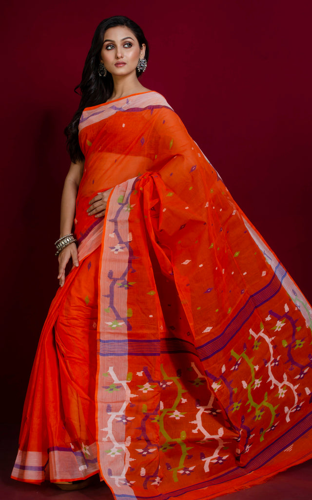 Hand Work Cotton Dhakai Jamdani Saree In Orange And Multicolored Threa ...