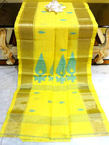 Bengal Handloom Cotton Saree in Yellow, Blue and Gold - Bengal Looms India
