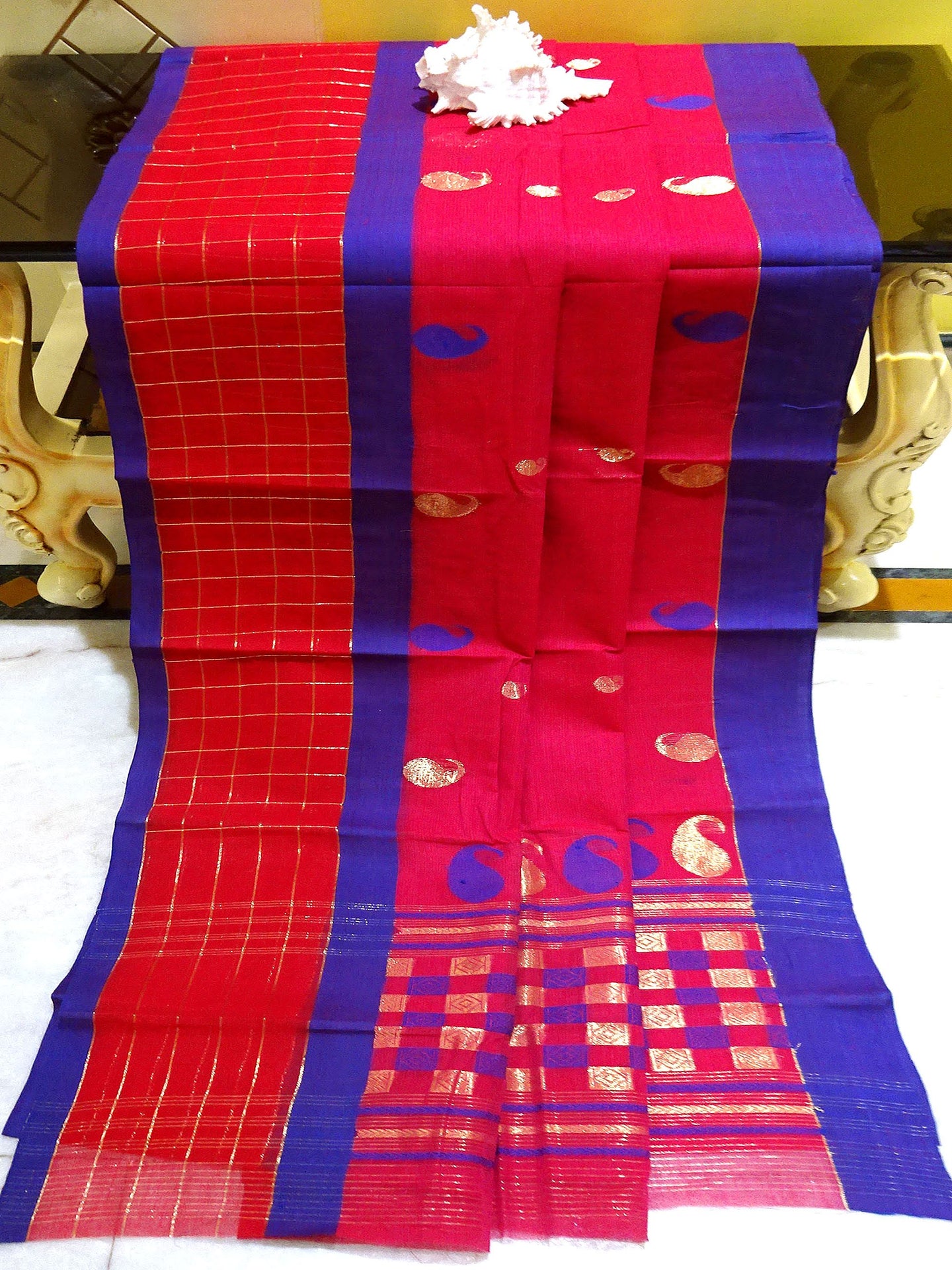 Bengal Handloom Cotton Saree in Rose Red and Blue - Bengal Looms India