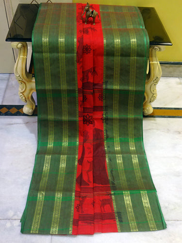 Block Printed Bengal Handloom Cotton Saree in Fire Orange and Seaweed Green