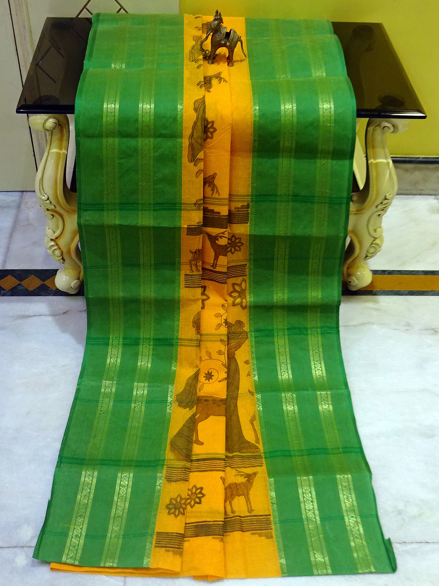 Block Printed Bengal Handloom Cotton Saree in Yellow and Green