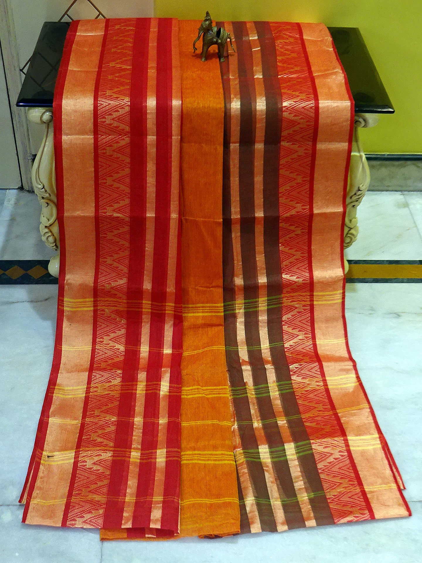 Temple Border Tangail Cotton Saree in Sunset Yellow, Red and Green with Beige Stripes