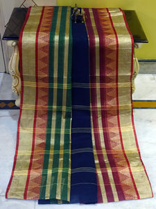 Temple Border Tangail Cotton Saree in Navy Blue, Dark Green and Dark Red with Beige Stripes