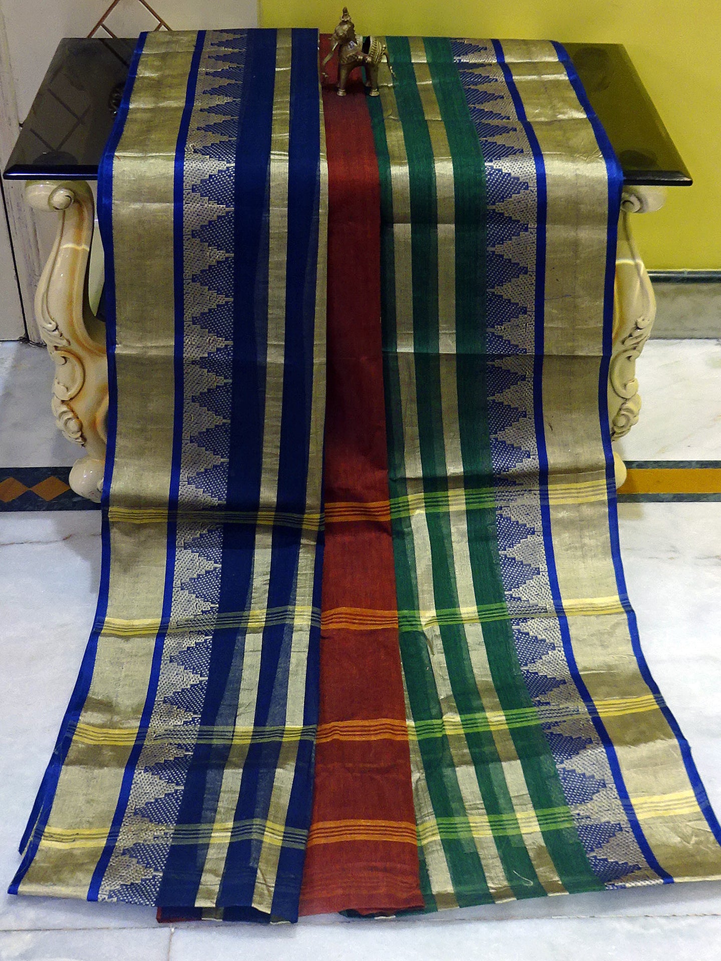 Temple Border Tangail Cotton Saree in Burnt Orange, Dark Green and Navy Blue with Stripes