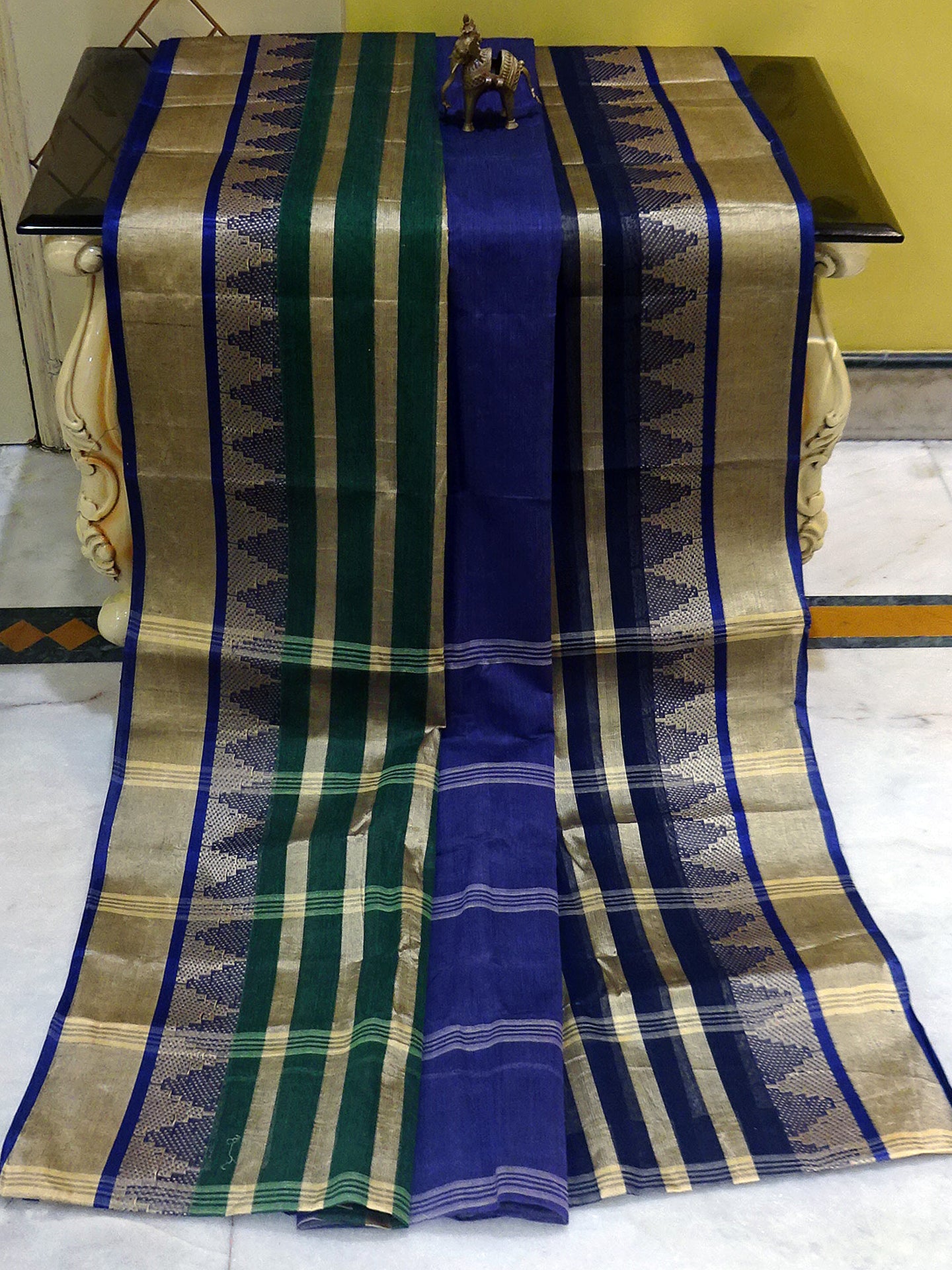 Temple Border Tangail Cotton Saree in Navy Blue, Dark Green and Beige with Stripes