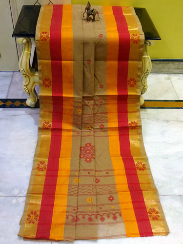 Bengal Handloom Cotton Bomkai Saree in Khaki, Red and Golden Yellow
