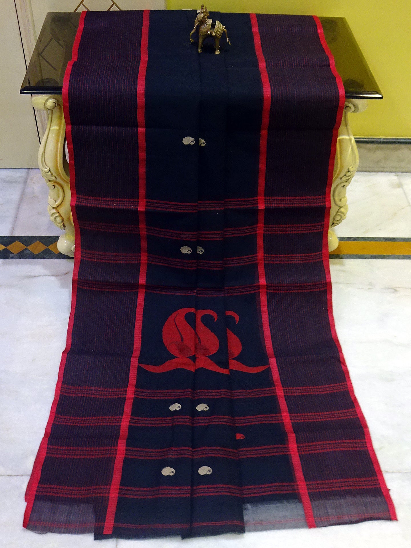Premium Quality Bengal Handloom Cotton Saree in Black, Red and Beige