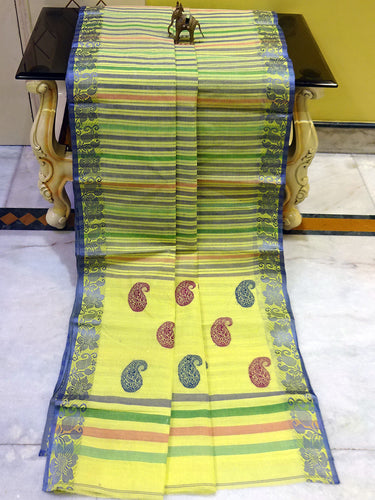Medium Size Thread Nakshi Border Premium Quality Bengal Handloom Cotton Saree in Lemon Yellow, Grey, Purple and Green