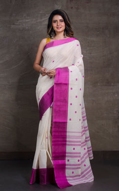 Bengal Handloom Satin Silk Border Cotton Saree in White and Deep Purple