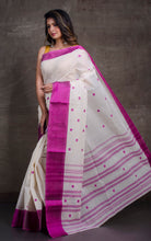 Bengal Handloom Satin Silk Border Cotton Saree in White and Deep Purple