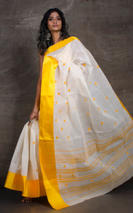 Bengal Handloom Satin Silk Border Cotton Saree in White and Yellow