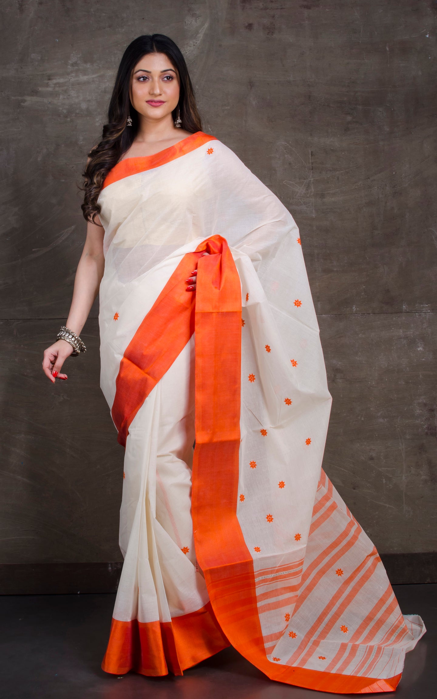 Bengal Handloom Satin Silk Border Cotton Saree in White and Orange