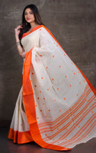 Bengal Handloom Satin Silk Border Cotton Saree in White and Orange