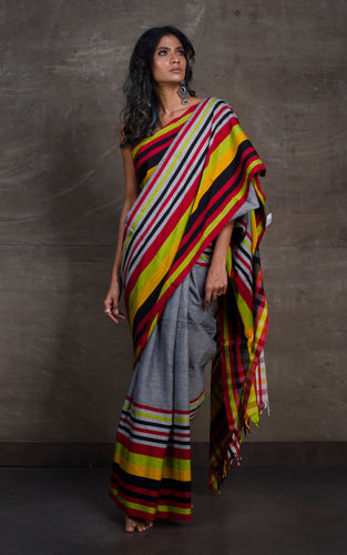 Designer Stripes Border Bengal Handloom Cotton Saree in Charcoal Grey, Red and Multicolored