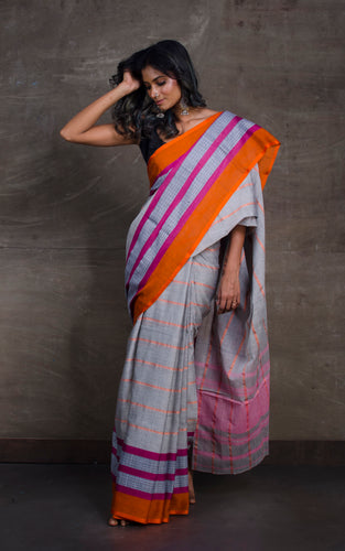 Bengal Handloom Designer Cotton Saree in Grey, Magenta and Orange