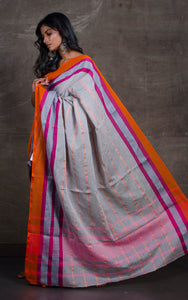 Bengal Handloom Designer Cotton Saree in Grey, Magenta and Orange