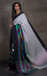 Bengal Handloom Designer Cotton Saree in Light Grey, Black and Multicolored
