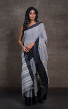 Bengal Handloom Satin SIlk Border Cotton Saree in Steel Grey and Zed Black