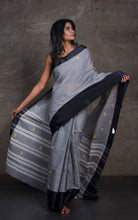 Bengal Handloom Satin SIlk Border Cotton Saree in Steel Grey and Zed Black