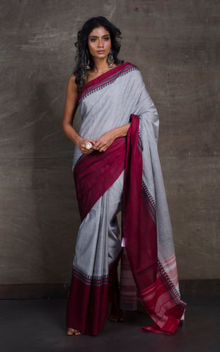 Bengal Handloom Begampuri Cotton Saree in Grey, Black and Dark Red
