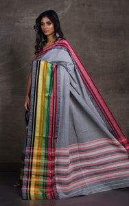 Mahapar Woven Nakshi Border Bengal Handloom Designer Cotton Saree in Grey and Multicolored
