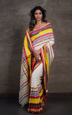 Designer Stripes Border Bengal Handloom Cotton Saree in Off White, Red and Multicolored