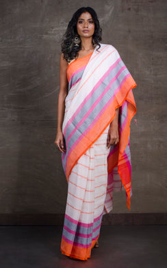 Bengal Handloom Designer Cotton Saree in Off White, Pink and Orange