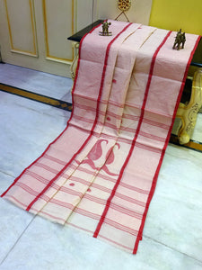 Premium Quality Bengal Handloom Cotton Saree in White and Red