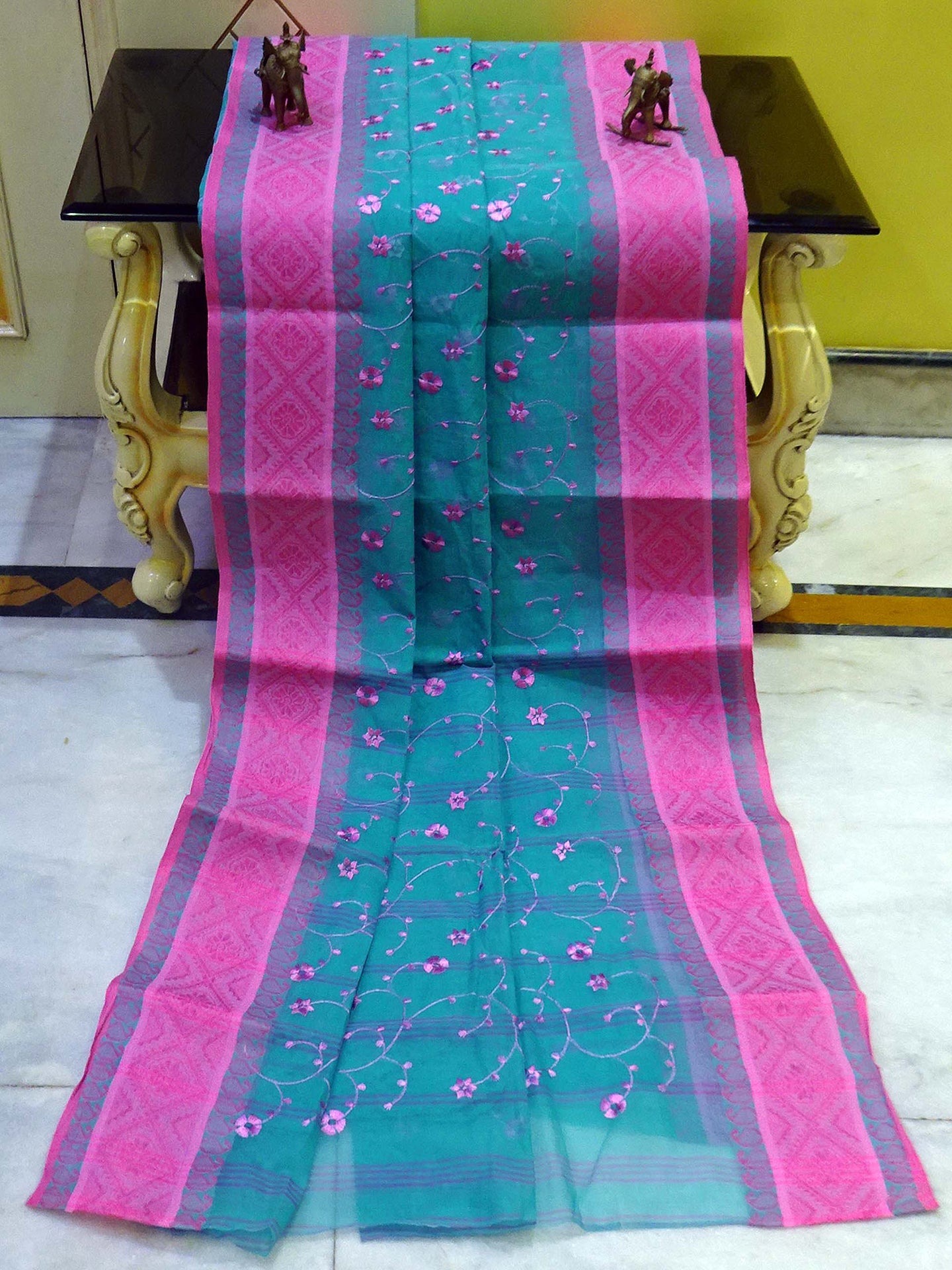 Bengal Handloom Cotton Saree with Floral Jaal Embroidery Work in Sea Green and Pink