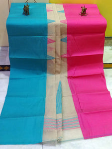 Mahapar Bengal Handloom Cotton Saree in Abalone Grey, Cerulean Blue and Dark Pink