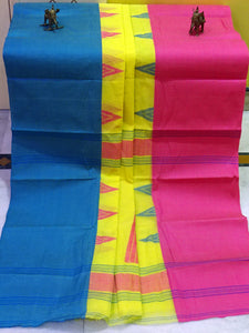 Mahapar Bengal Handloom Cotton Saree in Lemon Yellow, Dark Pink and Blue