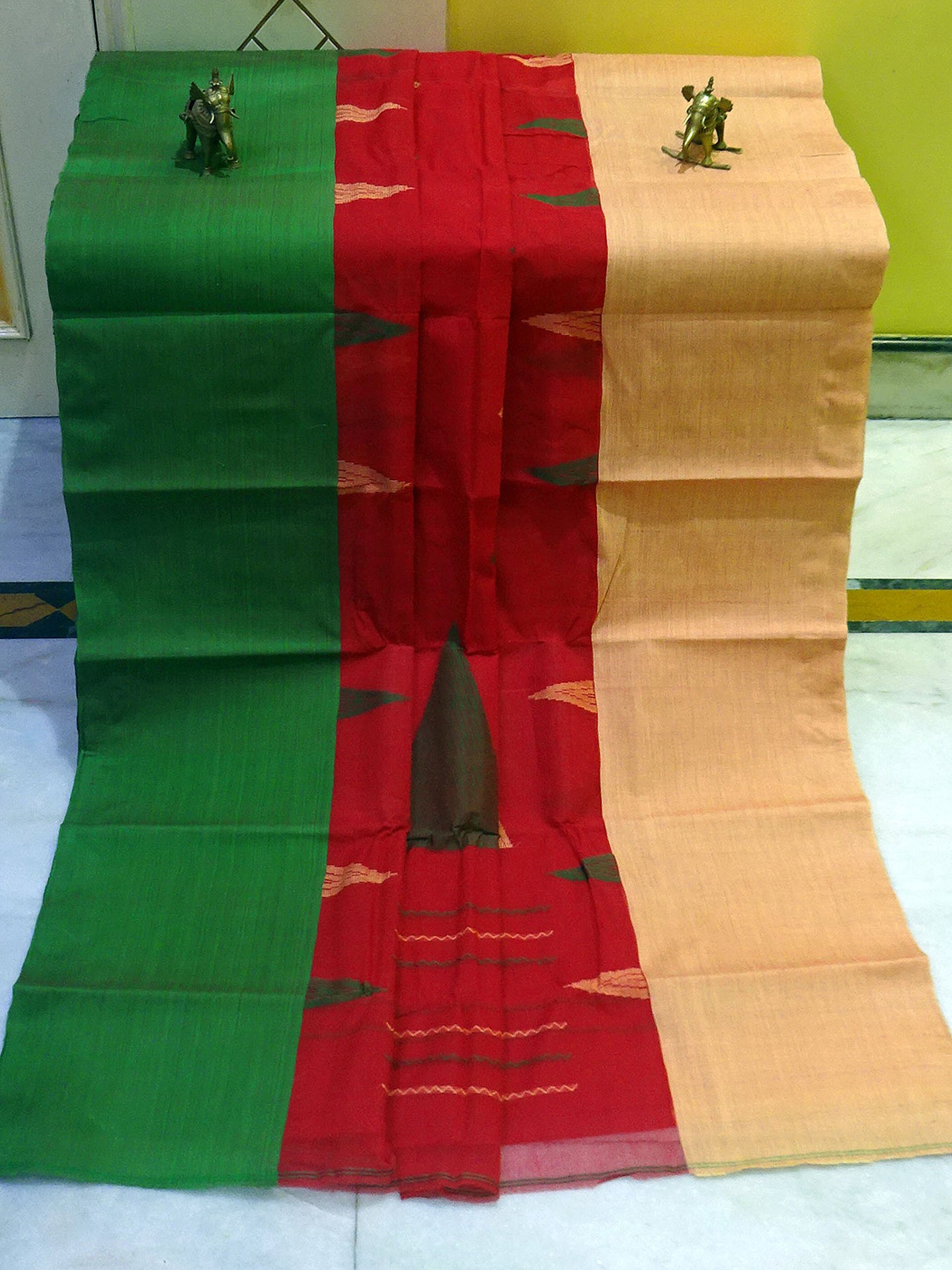 Mahapar Bengal Handloom Cotton Saree in Red, Forest Green and Bisque