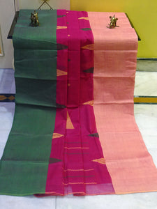 Mahapar Bengal Handloom Cotton Saree in Dark Pink, Hunter Green and Bisque