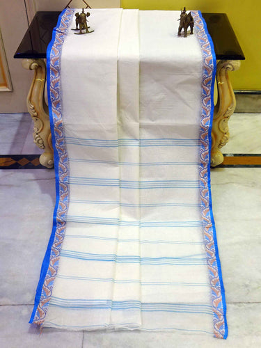 Tangail Cotton Saree in White, Blue and Light Brown