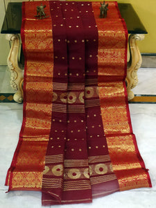 Tangail Handloom Cotton Banarasi Saree in Rose Wood and Gold Zari Work