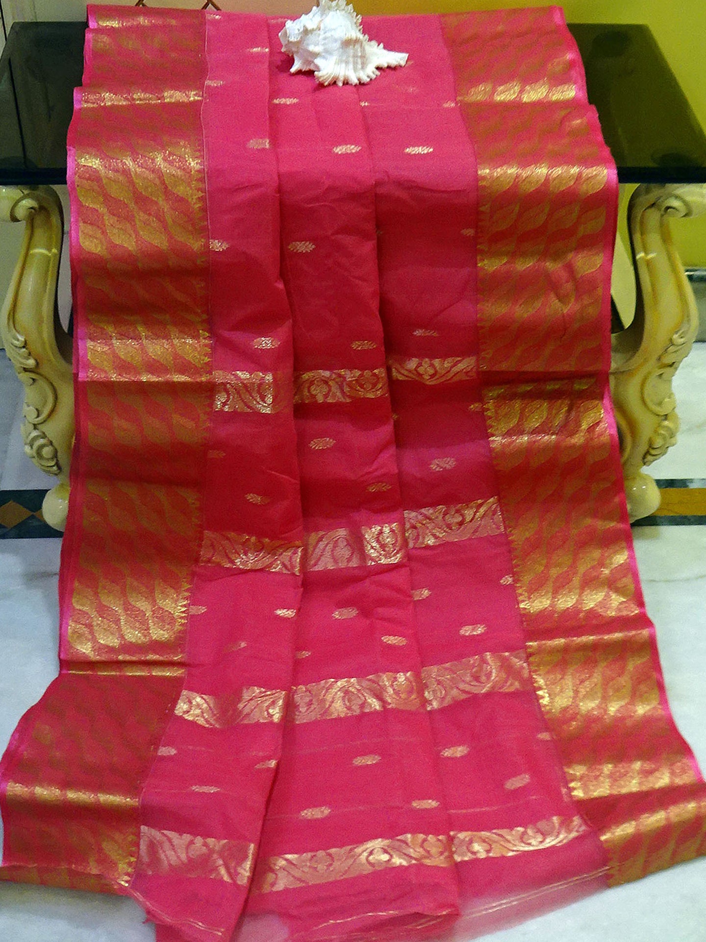Tangail Handloom Cotton Banarasi Saree in Watermelon Pink and Gold Zari Work