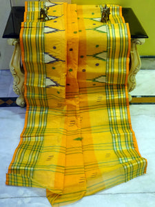 Hand Made Starched Bengal Cotton Tangail Saree in Golden Yellow and Multicolored