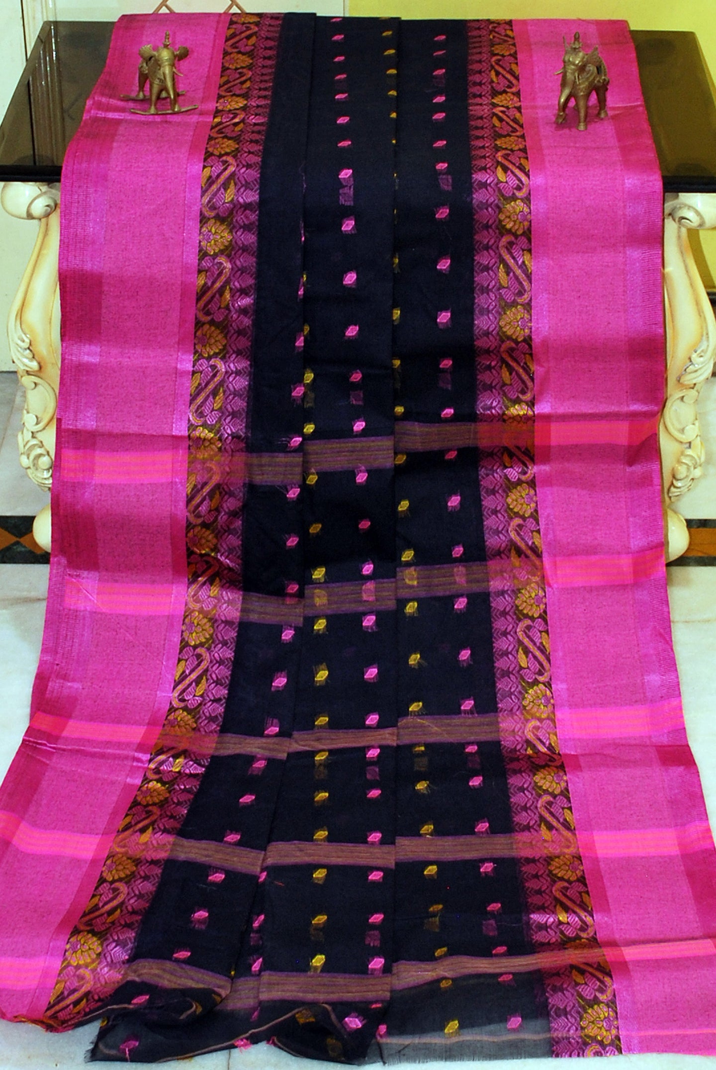Bengal Handloom Cotton Hazar Buti Saree in Midnight Blue, Hot Pink and Yellow
