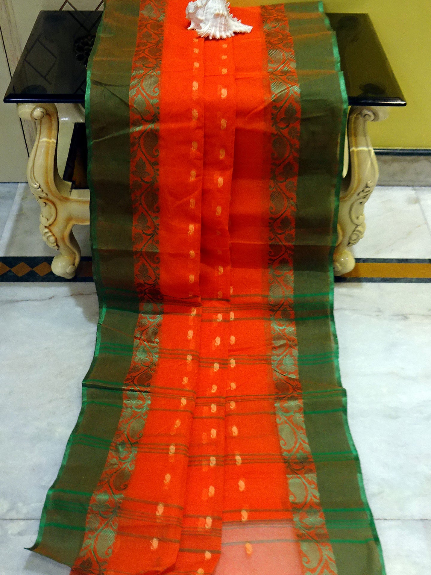 Bengal Handloom Cotton Hazar Buti Saree in Orange, Green and Beige