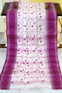 Bengal Handloom Cotton Saree with Floral Jaal Embroidery Work in White and Purple